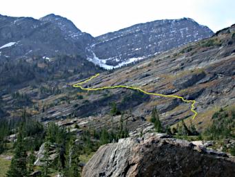 Bench leading to Icefloe Lake with Route in Yellow