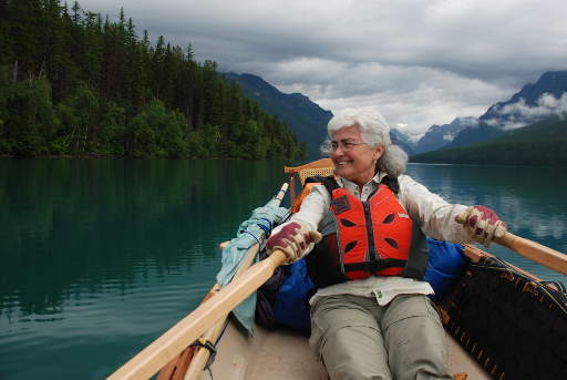 Dona rowing up Bowman Lake